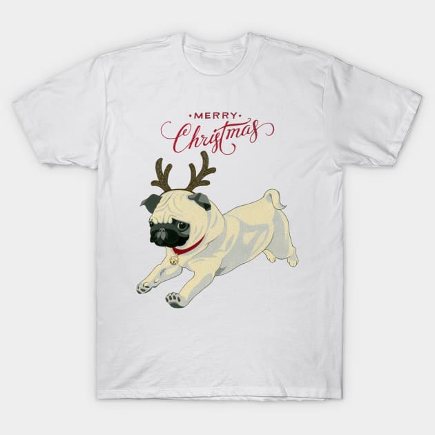 Merry Christmas Pug T-Shirt by Golden Section